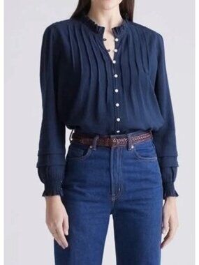 Quince Size Large  Top Blouse Navy Organic Cotton Textured